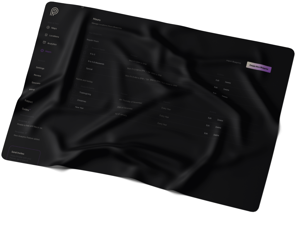 Location and opening-hours dashboard, shown on a dark cloth